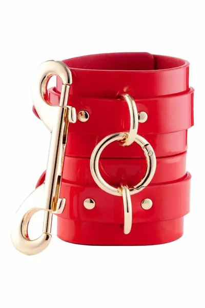 Kinky Diva High Gloss Wrist Cuffs Red Vegan Leather Adjustable 21cm