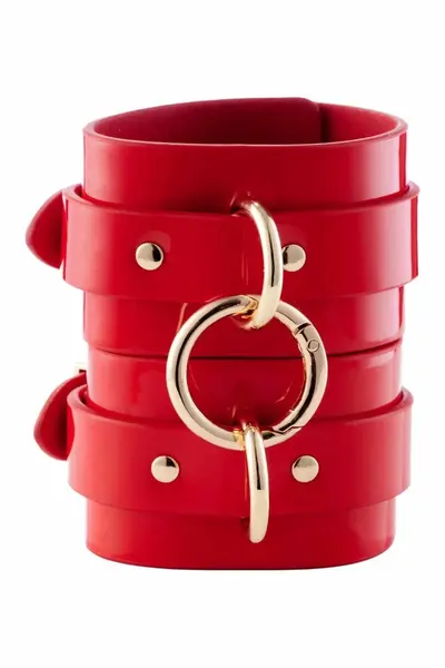 Kinky Diva High Gloss Wrist Cuffs Red Vegan Leather Adjustable 21cm