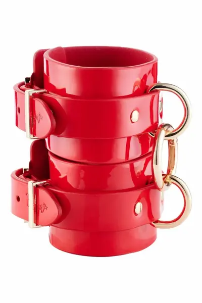 Kinky Diva High Gloss Wrist Cuffs Red Vegan Leather Adjustable 21cm