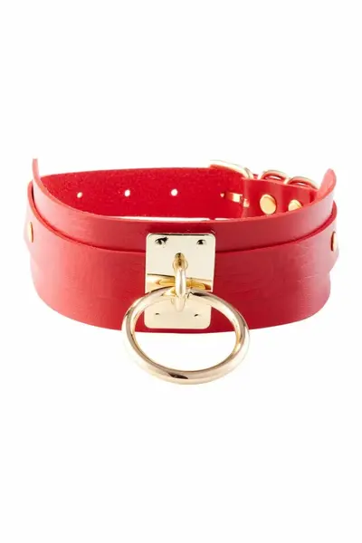 KINKY DIVA O-Ring Collar Red/Gold Vegan Leather Adjustable 43.5cm