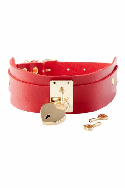KINKY DIVA Heart Lock & Key Collar Red/Gold Adjustable Vegan Leather