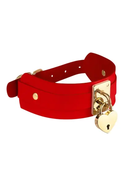KINKY DIVA Heart Lock & Key Collar Red/Gold Adjustable Vegan Leather