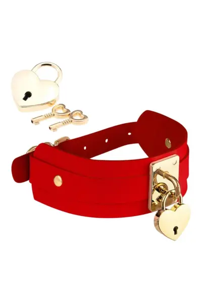 KINKY DIVA Heart Lock & Key Collar Red/Gold Adjustable Vegan Leather