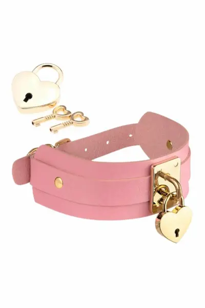 KINKY DIVA Heart Lock & Key Adjustable Collar Pink/Gold Vegan Leather
