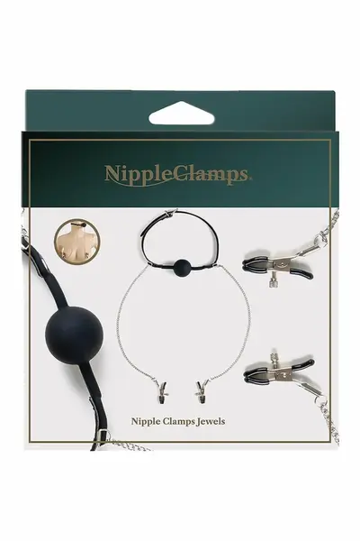 Virgite Nipple Clamps with Adjustable Ball Gag & Chain, Black