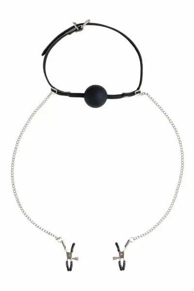 Virgite Nipple Clamps with Adjustable Ball Gag & Chain, Black