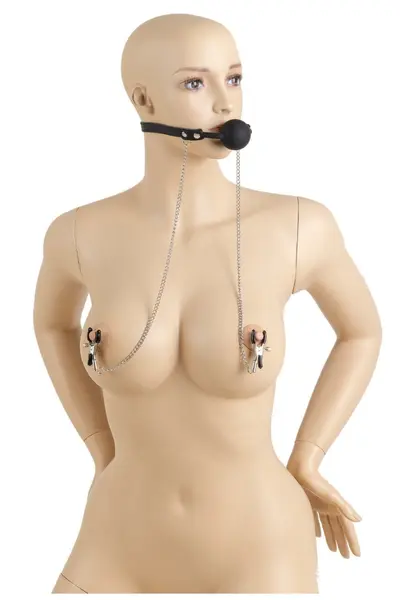 Virgite Nipple Clamps with Adjustable Ball Gag & Chain, Black