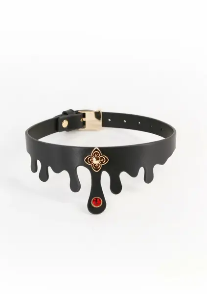 Fetish & Fashion Elvira Collar Adjustable PU Ruby Jewel Gold Charm