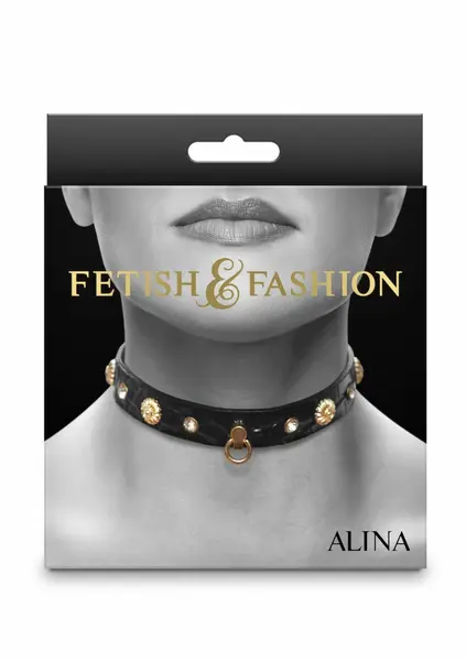Fetish & Fashion Alina нашийник от еко кожа с кристал и златно слънце, регулируем, 29–44 см