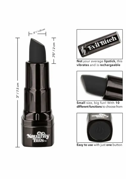Naughty Bits Evil Bitch Lipstick Vibrator Black Compact 10-Function