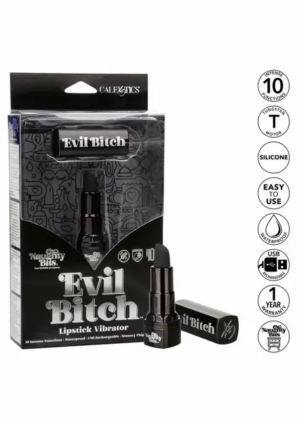 Naughty Bits Evil Bitch Lipstick Vibrator Black Compact 10-Function