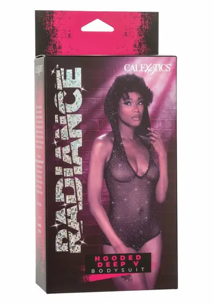 Radiance Hooded Deep V Bodysuit Black Mesh Rhinestone Universal Fit