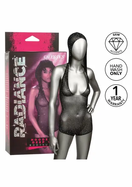 Radiance Hooded Deep V Bodysuit Black Mesh Rhinestone Universal Fit