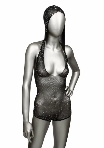 Radiance Hooded Deep V Bodysuit Black Mesh Rhinestone Universal Fit