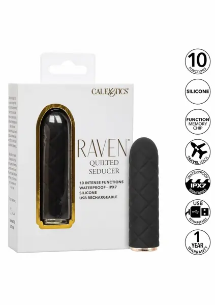 Raven Quilted Seducer Mini Massager, 10 Modes, Waterproof, USB, Black