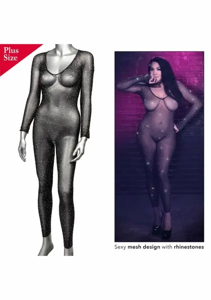 Radiance Plus Size Mesh Bodystocking with Rhinestone Accents Black 3X