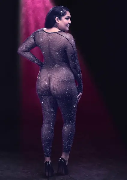 Radiance Plus Size Mesh Bodystocking with Rhinestone Accents Black 3X
