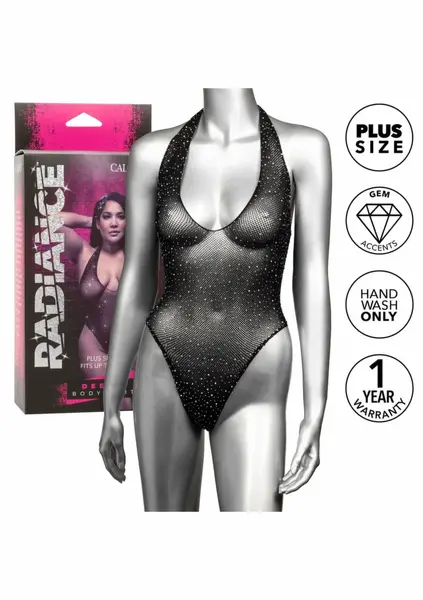 Radiance Deep V Bodysuit Plus Size Mesh Rhinestone 3X Black