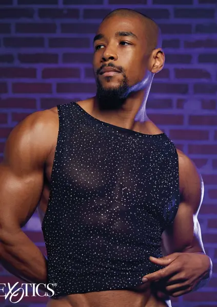 CalExotics Radiance Muscle Tank Top - Mesh, Rhinestone Accents, Fitted, Black