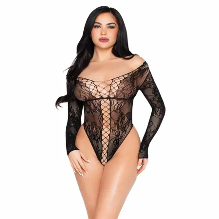 Leg Avenue Lace Teddy Black - Elegant Floral Lace Bodysuit, S/M
