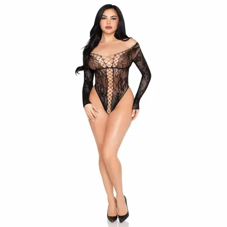 Leg Avenue Lace Teddy Black - Elegant Floral Lace Bodysuit, S/M