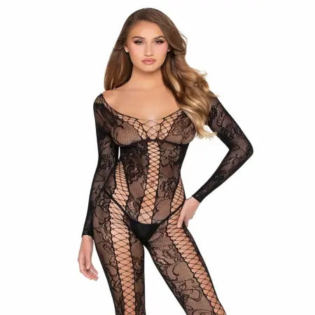 Leg Avenue Lace Bodystocking Black - Elegant Floral Mesh Design