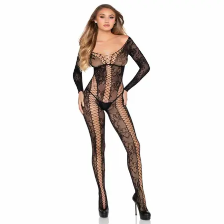 Leg Avenue Lace Bodystocking Black - Elegant Floral Mesh Design