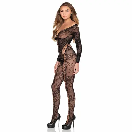 Leg Avenue Lace Bodystocking Black - Elegant Floral Mesh Design