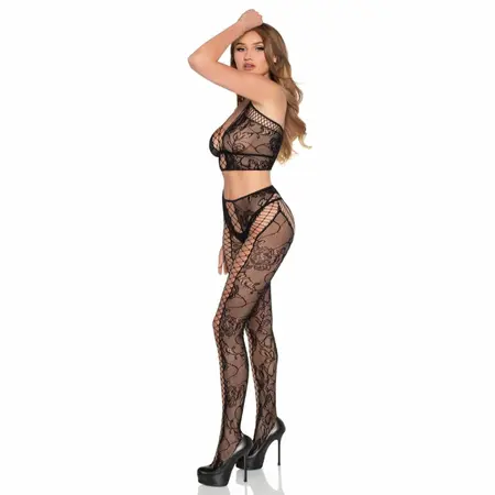Leg Avenue Lace Crop Top & High-Waisted Tights Set Black S/M