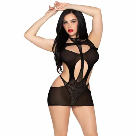 Leg Avenue Mini Dress & Halter Teddy Black - Mesh & Fishnet Set