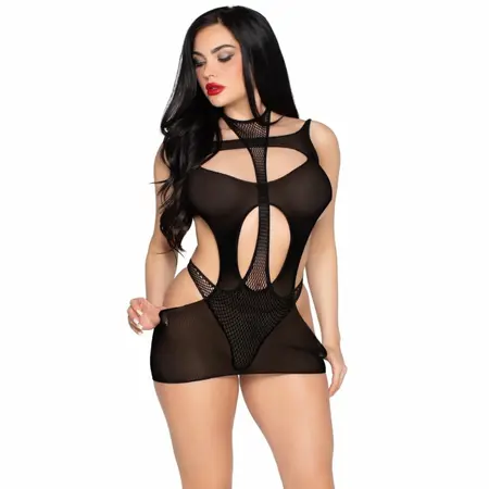 Leg Avenue Mini Dress & Halter Teddy Black - Mesh & Fishnet Set