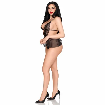 Leg Avenue Babydoll Set Black - Lace & Mesh, Adjustable Straps, Open Detail L