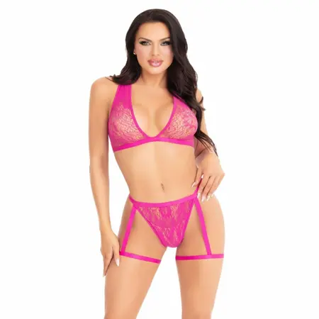 Leg Avenue Lace Set with Garters Pink - Two-Piece Floral Lingerie