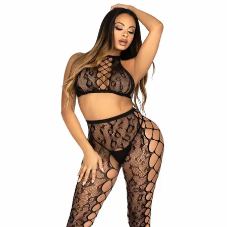 Leg Avenue Crop Top & Open Pattern Tights Set Black S/M