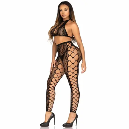 Leg Avenue Crop Top & Open Pattern Tights Set Black S/M