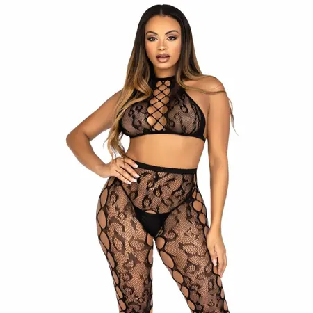 Leg Avenue Crop Top & Open Pattern Tights Set Black S/M