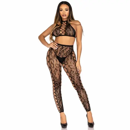 Leg Avenue Crop Top & Open Pattern Tights Set Black S/M
