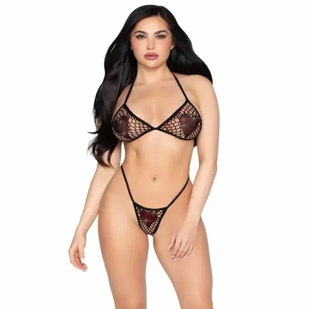 Leg Avenue Heart Bra Top & G-String Set Black - Adjustable Fishnet Design