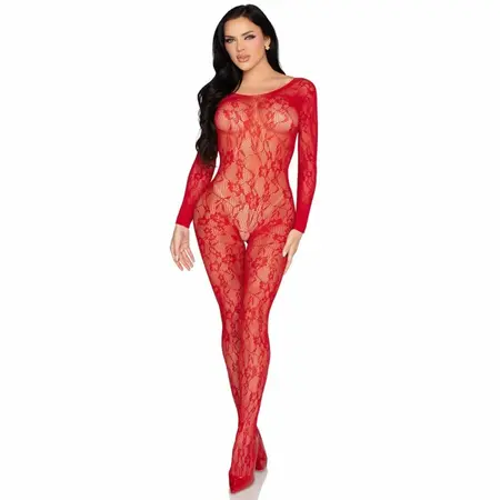 Leg Avenue 89366 Lace Bodystocking Red One Size - Stretch Floral Design