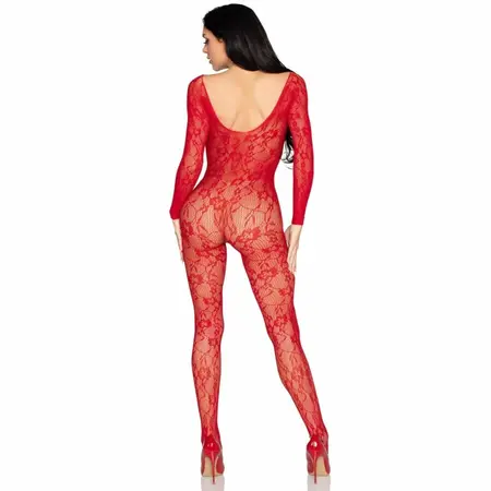 Leg Avenue 89366 Lace Bodystocking Red One Size - Stretch Floral Design