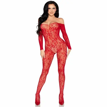 Leg Avenue 89366 Lace Bodystocking Red One Size - Stretch Floral Design