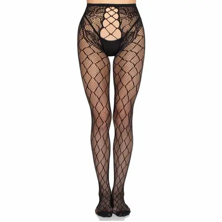 Leg Avenue 1966 Fishnet Tights with Lace Waist Black One Size