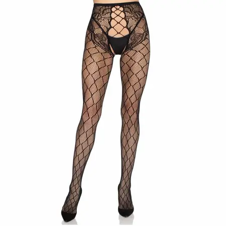 Leg Avenue 1966 Fishnet Tights with Lace Waist Black One Size