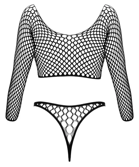 Cottelli Collection Fantasy S-L Black Net Two-Piece Bodysuit Set