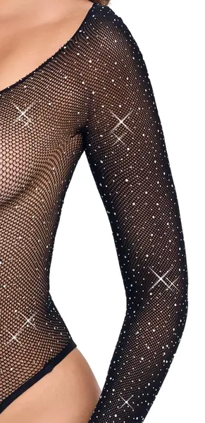 Cottelli Fantasy S-L Black Glitter Mesh Bodysuit, Long Sleeve, Stretch Fit