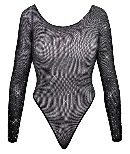 Cottelli Fantasy S-L Black Glitter Mesh Bodysuit, Long Sleeve, Stretch Fit