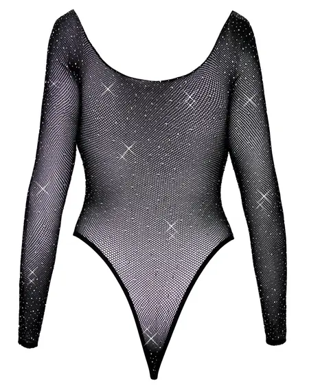 Cottelli Fantasy S-L Black Glitter Mesh Bodysuit, Long Sleeve, Stretch Fit