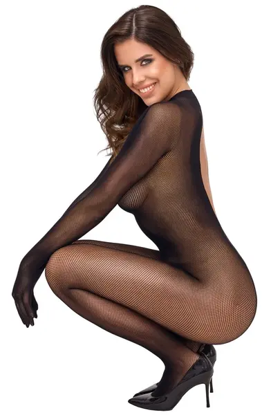 Cottelli Fantasy Catsuit S-L Black Seamless Net with Gloves