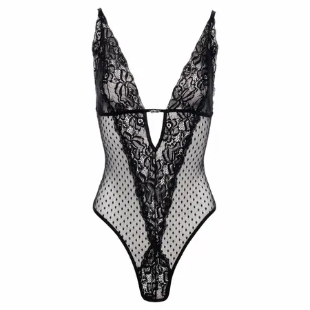 Christine Body Dewi Black - Lace & Polka Dot Bodysuit, Open Crotch, Adjustable S/M