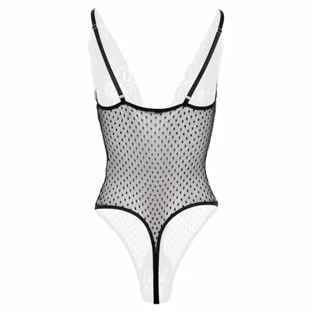 Christine Body Dewi Black - Lace & Polka Dot Bodysuit, Open Crotch, Adjustable S/M